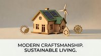 Wooden miniature eco house with solar panels and wind turbine, surrounded by sustainability symbols, representing green energy and modern living.