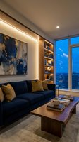 Modern luxury living room with navy sofa, gold accents, wooden shelving, and floor-to-ceiling windows overlooking city skyline at dusk for contemporary interior design.