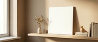 Minimalist workspace with blank canvas frame on wooden shelf near window, warm natural lighting creates cozy atmosphere for creative projects and home office design.