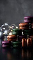 Colorful French macarons stacked on dark surface with bokeh lights creating elegant dessert display for bakery menu or luxury confectionery advertising.
