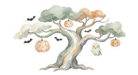 Spooky Halloween tree with hanging pumpkins, flying bats and ghost on white background. Festive autumn decoration for seasonal designs and celebrations.