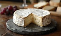 Soft ripened cheese wheel with creamy interior on slate board, gourmet dairy product for culinary presentations and food photography.