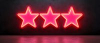 Glowing neon red stars on dark wall with reflection on floor, modern minimalist design element for nightclub, entertainment or rating concept.