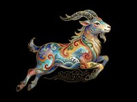 Colorful ornate leaping goat with swirling folk art patterns, isolated on transparent background, ready for t-shirt design, stickers, clipart, and print on demand use.