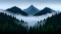 Mystical mountain landscape with morning fog flowing between dark evergreen forest slopes and majestic peak silhouette in moody blue atmosphere.