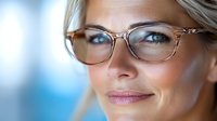 Young professional woman wearing stylish transparent eyeglasses smiling confidently. Close up portrait with soft focus background showing modern workplace setting.