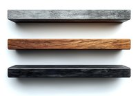 Minimalist floating wooden shelves in gray, natural wood, and black finishes isolated on white background. Modern wall storage solution for home decor.