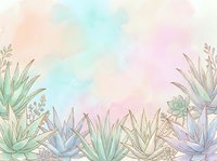 Pastel watercolor background with succulents and aloe plants along the bottom border, soft pink, mint and lavender tones, copy space above.