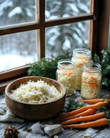 Fresh sauerkraut in wooden bowl with glass jars of fermented vegetables, raw carrots and pine branches on rustic windowsill against snowy background.