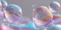 Iridescent soap bubbles floating with rainbow reflections and translucent surfaces creating dreamy atmospheric background for creative projects.