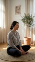Young woman practicing mindfulness meditation at home sitting cross-legged on jute rug with olive tree in terracotta pot and natural sunlight streaming through windows.