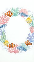 Underwater marine life frame with colorful tropical fish, coral reef, seaweed and bubbles on white background for ocean themed designs and invitations.