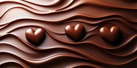 Smooth waves of melted chocolate with heart shaped pralines creating romantic flowing pattern. Luxurious brown background for Valentine's day designs and confectionery.
