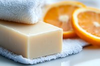 Natural soap bar with fresh orange slices and white towel on light background, aromatherapy and spa wellness concept for skincare and hygiene.