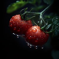 Fresh red tomatoes on vine with water drops against dark background, dramatic lighting highlights natural moisture and organic texture. Macro photography.