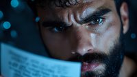 Close-up portrait of bearded man with intense gaze reading document in dark environment with blue bokeh lights in background.