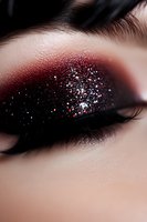 Dramatic close-up of eye makeup with black and red glitter eyeshadow, long lashes, and shimmering sparkles creating a glamorous evening look for beauty and cosmetics.