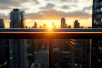 Urban balcony railing at golden hour with blurred city skyline and warm sunset light creating atmospheric bokeh effect for lifestyle and real estate content.