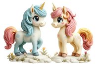 Adorable cartoon unicorns with pastel blue and pink manes standing together on rocks with golden horns and magical fantasy elements, suitable for children's designs.