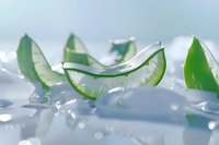 Fresh aloe vera plant pieces on ice cubes in soft focus, natural skincare and wellness concept for cosmetic and beauty product advertising.