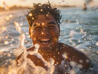 Young Latino man laughing while splashing in ocean water at sunset, water droplets sparkling in golden sunlight, expressing pure joy and carefree summer happiness.