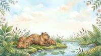 Watercolor capybara family resting by a peaceful river surrounded by lush green plants and soft pastel wildflowers with copy space above.