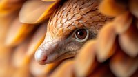 Close up macro shot of pangolin face with detailed scales and eye in warm golden tones showing texture and pattern of endangered species in natural habitat.
