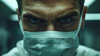 Intense close-up of medical professional wearing surgical mask with piercing blue eyes in dark hospital environment, dramatic lighting emphasizes determined expression.