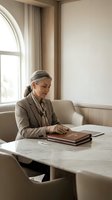Professional mature businesswoman with gray hair in elegant suit working at marble desk in modern office interior with natural lighting.