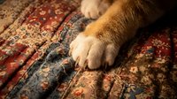 Close-up of cat paws on ornate rug with red and gold patterns. Feline claws extended on traditional woven textile surface for pet behavior and home decor concepts.