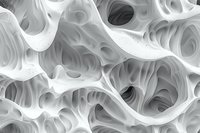 Microscopic view of bone tissue structure showing interconnected cavities and trabecular architecture in grayscale, highlighting natural biological patterns.