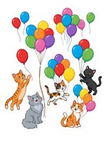 Cartoon cats holding colorful balloons in various poses. Orange, gray, and black felines with festive balloons for birthday, celebration, and party designs.