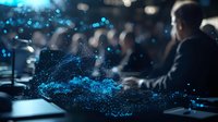 Business professional at conference with futuristic holographic data visualization display showing blue glowing particles and network connections in dark room.