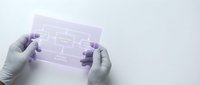 Hands holding transparent purple wireframe template for app or website layout planning and user interface design.