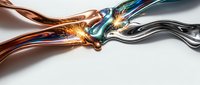Abstract metallic liquid streams colliding with bright energy sparks on white background for modern digital art and futuristic design projects.
