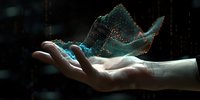 Digital holographic wave floating above open palm showcasing futuristic technology and data visualization concepts for modern business presentations.