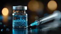 Medical vial with blue liquid and syringe on dark background with bokeh lights, dramatic lighting creates scientific atmosphere for healthcare concepts.