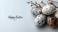 Speckled Easter eggs in natural brown and white tones with cotton branches on light background, minimalist holiday composition with Happy Easter text.