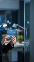 Businessman hands holding transparent digital tablet displaying financial charts and data analytics in modern office environment for business technology.
