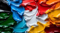 Vibrant oil paint swirls in multiple colors create dynamic textural waves and folds, showcasing rich pigments of green, blue, white, red, and yellow in artistic motion.