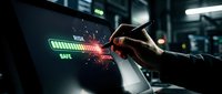 Male hand interacting with digital progress bar on futuristic touchscreen interface, sparks flying, representing data transfer, loading process, technology advancement, and digital innovation in modern workspace.