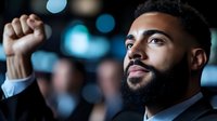 Young confident African American businessman with beard raising fist in victory gesture against blurred city lights background at night.
