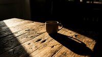 Steaming coffee mug on rustic wooden table bathed in warm sunlight, casting long shadows. Perfect for beverage, morning routine, and café lifestyle content.