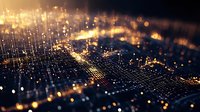 Glowing digital grid network with golden light particles floating above surface creates futuristic technology landscape with depth of field effect.