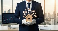 Professional businessman in dark suit holding miniature house model with floating percentage symbols representing mortgage rates and real estate investment returns in modern office.