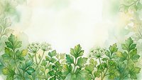Watercolor herb garden border with parsley, dill, and green foliage on cream background. Isolated botanical design for culinary, wellness, and organic product packaging.