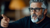 Mature Caucasian businessman with gray hair, beard and glasses pointing forward with confident expression in dark office environment. Professional corporate portrait.