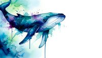 Watercolor whale with dripping paint effects in blue and teal tones on white background, marine mammal art for ocean-themed designs and decor.