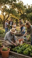Multi-generational Caucasian family working together in community garden during golden hour sunset, planting vegetables in raised beds for sustainable living.