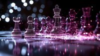 Glass chess pieces on reflective surface with magical pink glowing particles and bokeh lights creating mystical atmosphere for strategic game concepts.